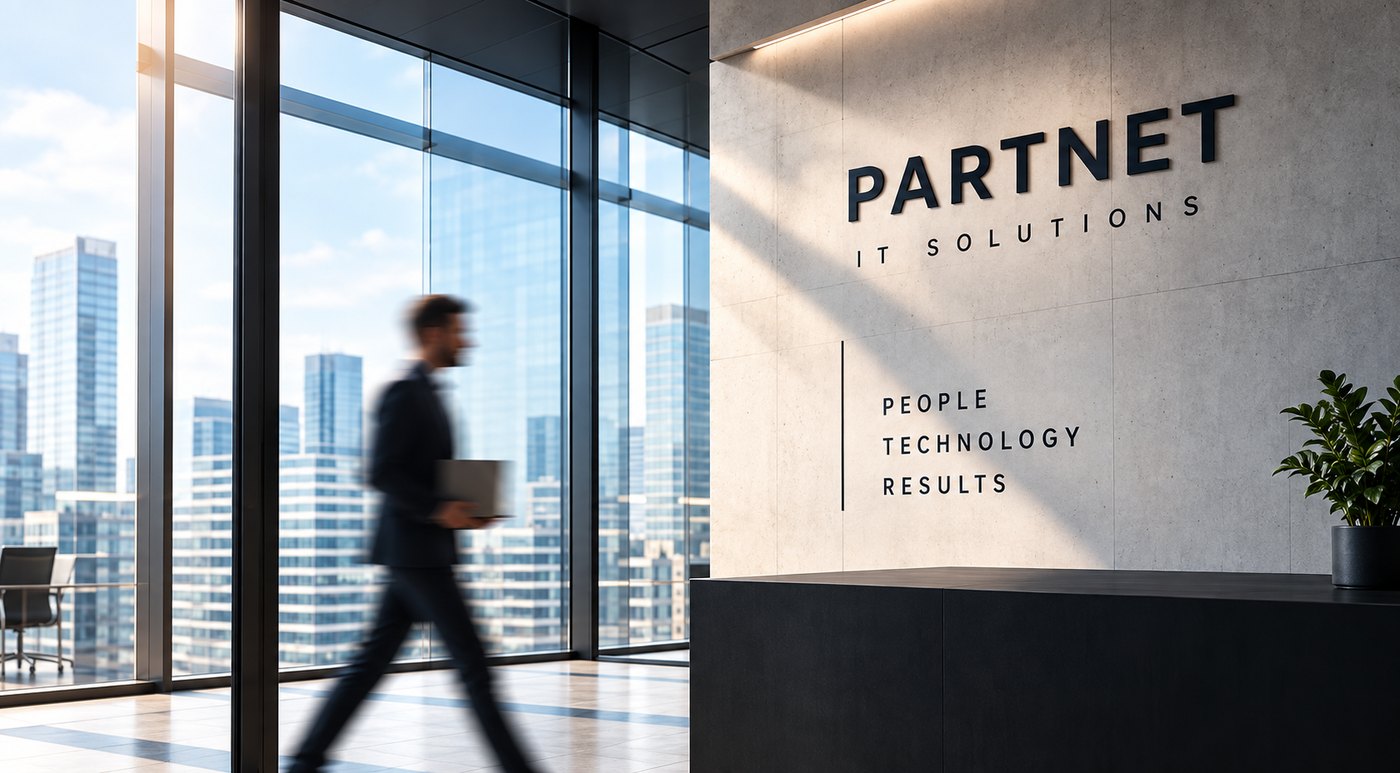 PARTNET office reception with the wall sign PEOPLE · TECHNOLOGY · RESULTS