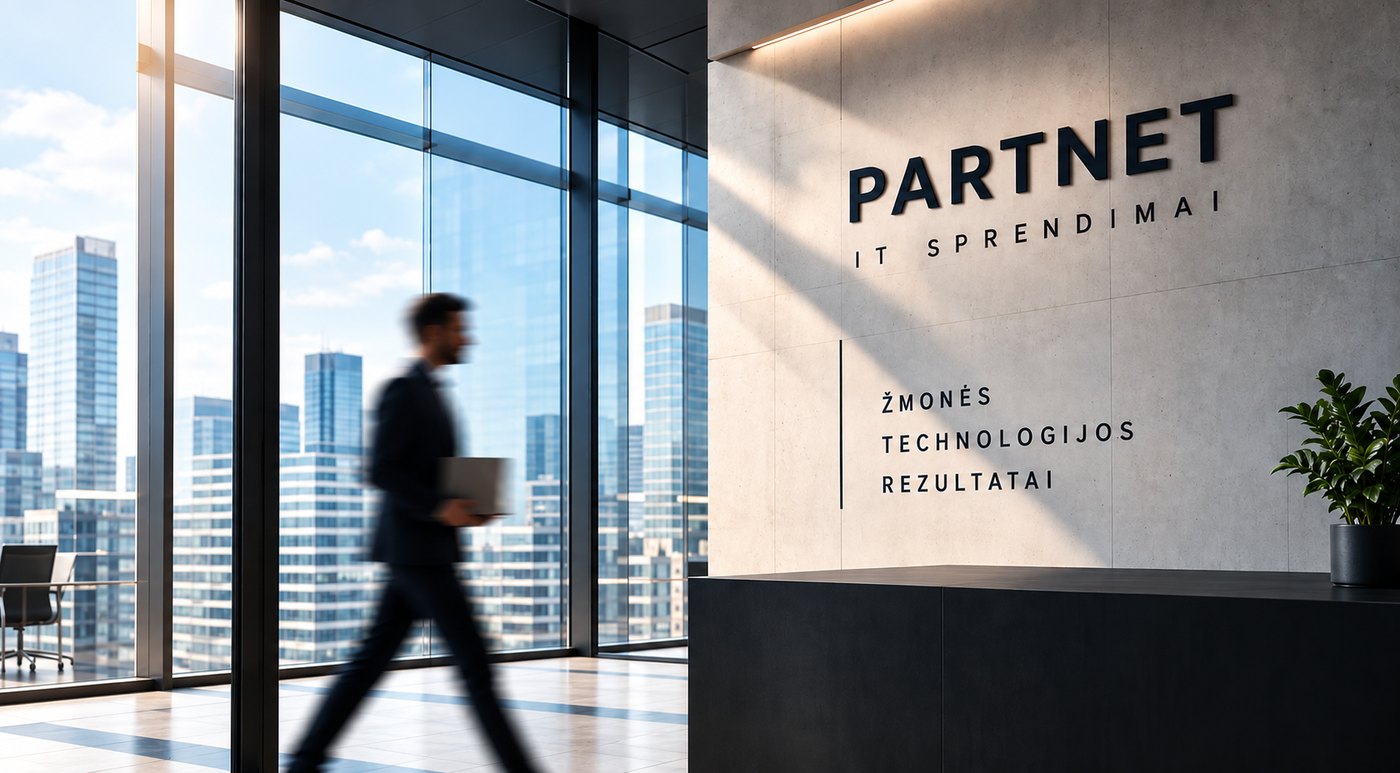 PARTNET biuro registratūra su užrašu ŽMONĖS · TECHNOLOGIJOS · REZULTATAI