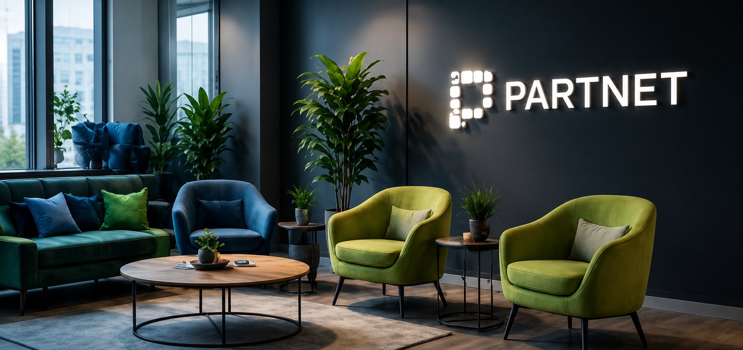 PARTNET biuro poilsio zona su foteliais ir šviečiančiu logotipu